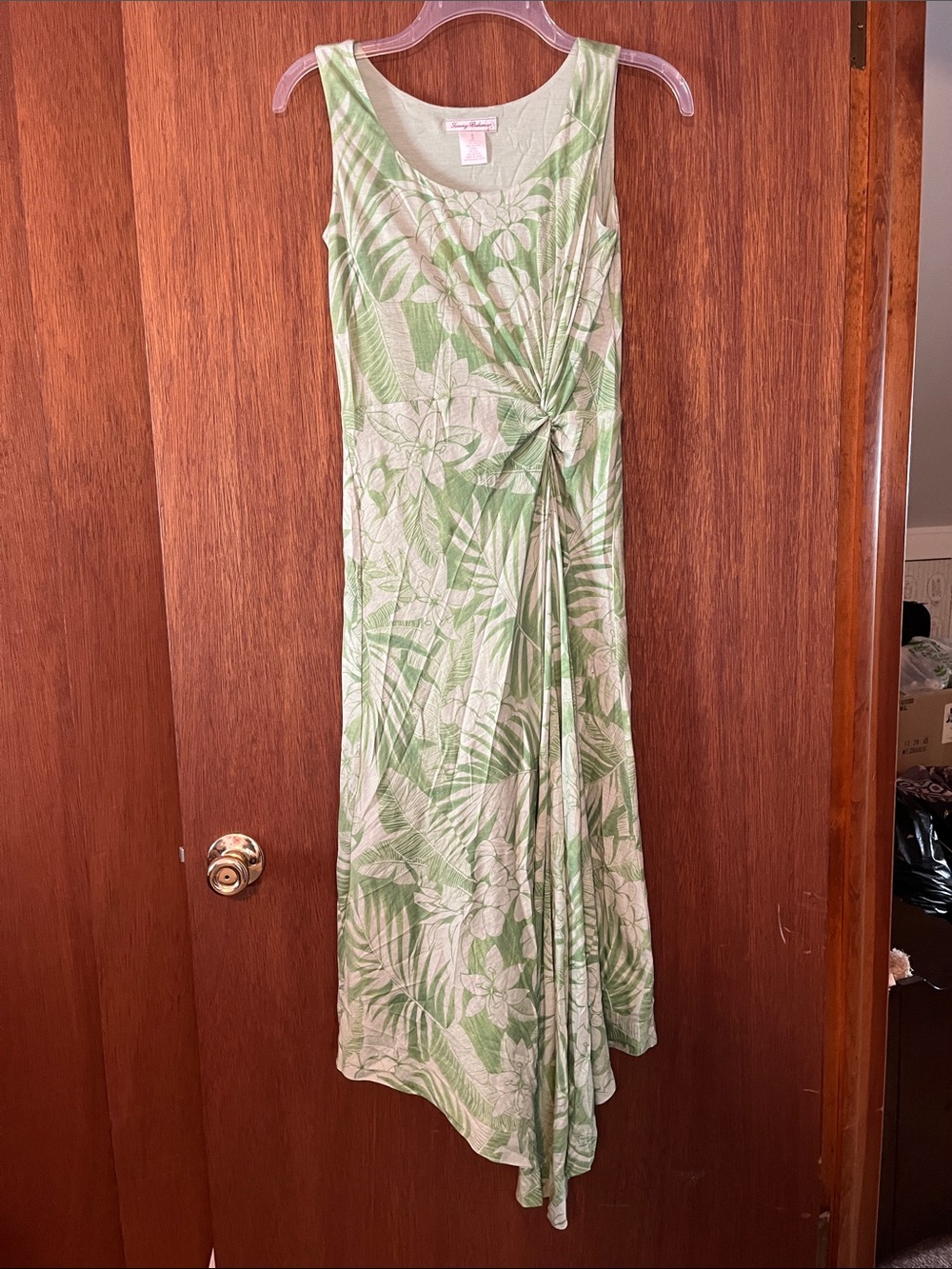 Tommy Bahama Green and Cream Tropical Twist-Front Midi Dress
